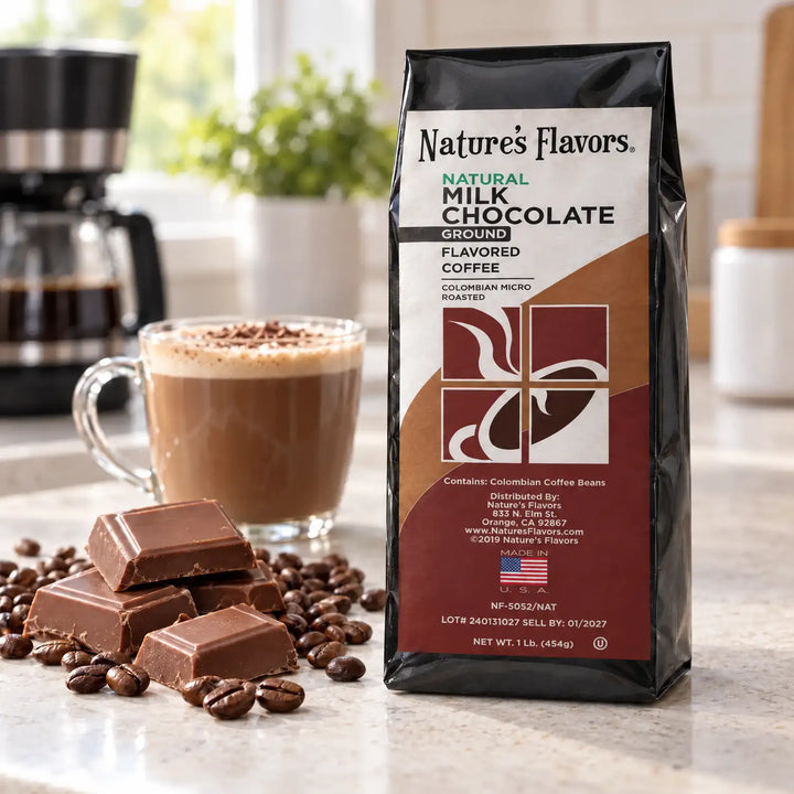 Nature’s Flavors Milk Chocolate Flavored Coffee Beans, 1 lb. Ground, in a black labeled bag beside milk chocolate, whole roasted coffee beans and a filled coffee drink in a bright coffee scene.
