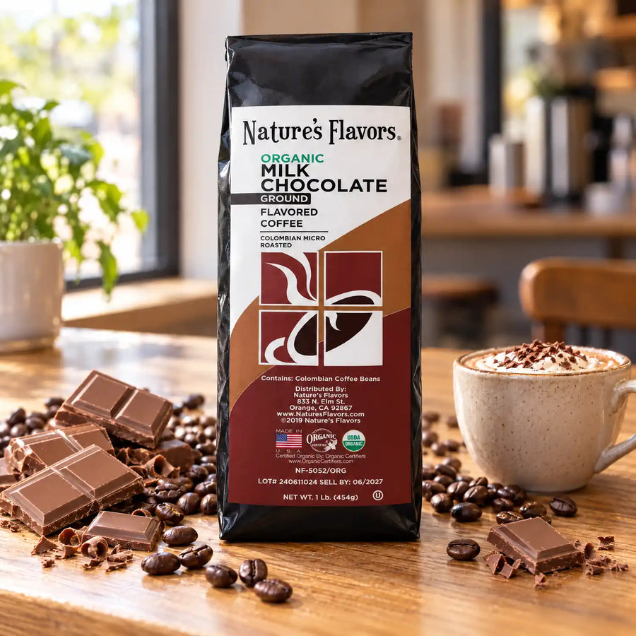 Nature's Flavors Organic Milk Chocolate Flavored Coffee Beans, 1 lb. Ground, in a bright coffee lifestyle scene.