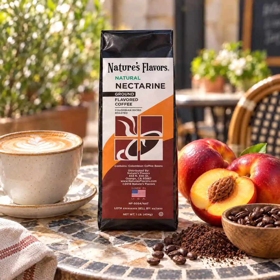 Nature’s Flavors Nectarine Flavored Coffee Beans, 1 lb. Ground, beside flavor cues, roasted coffee beans, grounds and a filled coffee drink in a bright lifestyle scene.