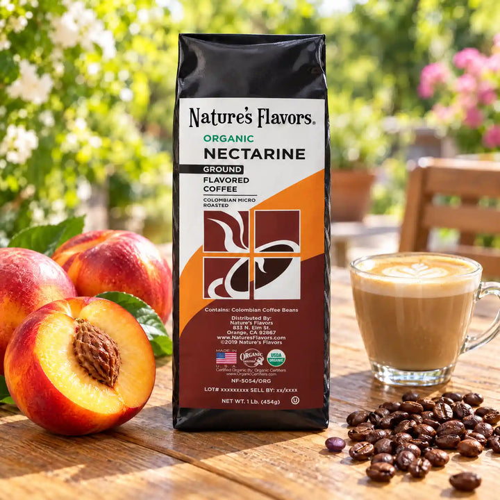 Nature's Flavors Organic Nectarine Flavored Coffee Beans, 1 lb. Ground, in a bright coffee lifestyle scene.