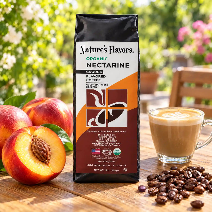 Nature's Flavors Organic Nectarine Flavored Coffee Beans, 1 lb. Ground, in a bright coffee lifestyle scene.