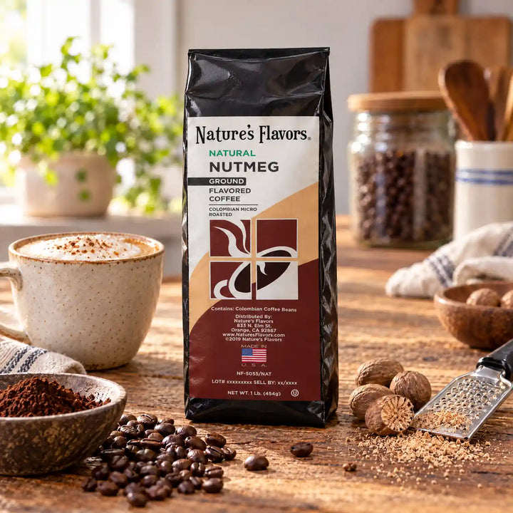 Nature’s Flavors Nutmeg Flavored Coffee Beans, 1 lb. Ground, beside flavor cues, roasted coffee beans, grounds and a filled coffee drink in a bright lifestyle scene.