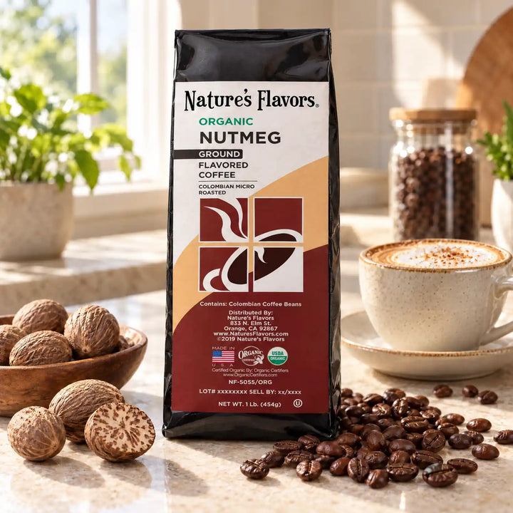 Nature's Flavors Organic Nutmeg Flavored Coffee Beans, 1 lb. Ground, in a bright coffee lifestyle scene.