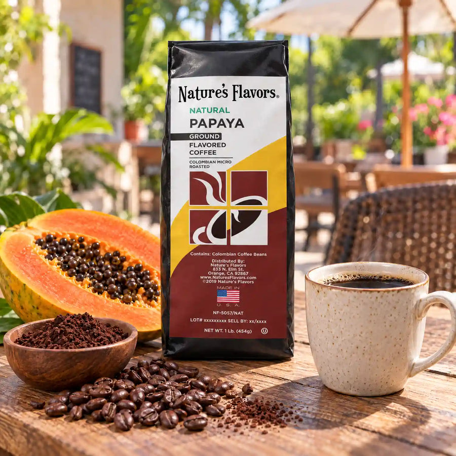 Nature’s Flavors Papaya Flavored Coffee Beans, 1 lb. Ground, beside flavor cues, roasted coffee beans, grounds and a filled coffee drink in a bright lifestyle scene.
