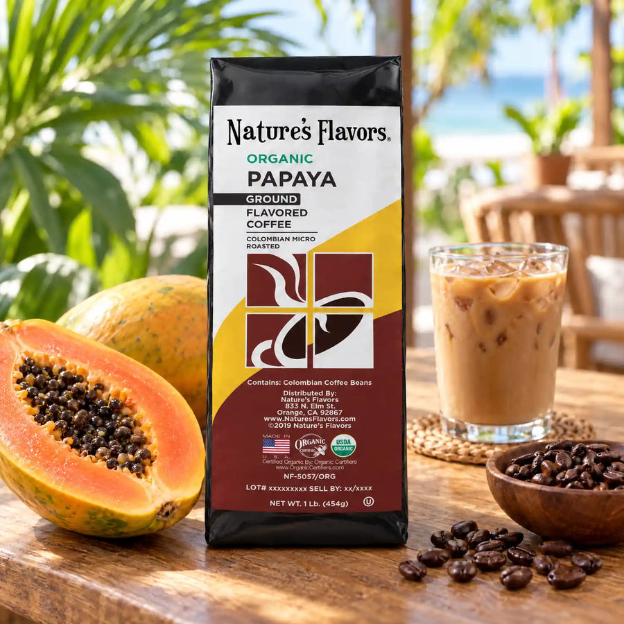 Nature's Flavors Organic Papaya Flavored Coffee Beans, 1 lb. Ground, in a bright coffee lifestyle scene.
