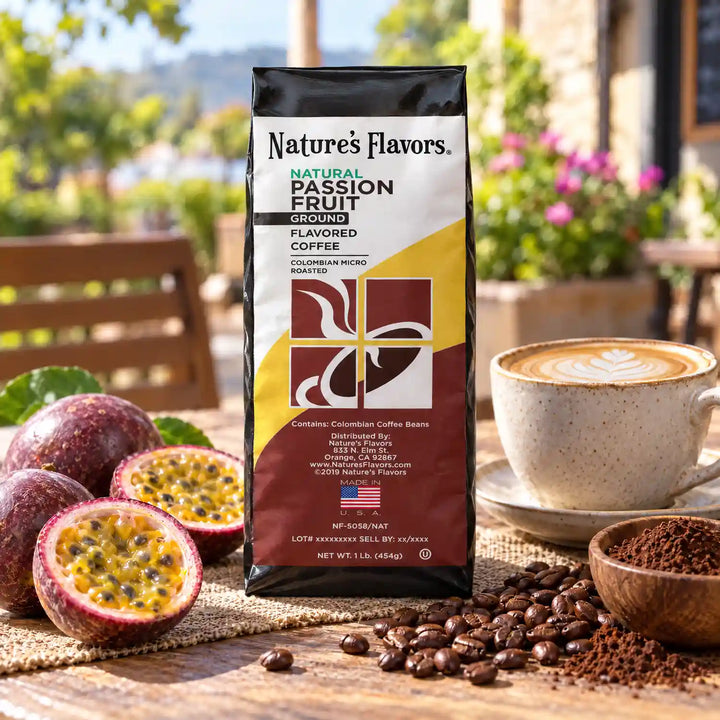 Nature’s Flavors Passion Fruit Flavored Coffee Beans, 1 lb. Ground, beside flavor cues, roasted coffee beans, grounds and a filled coffee drink in a bright lifestyle scene.