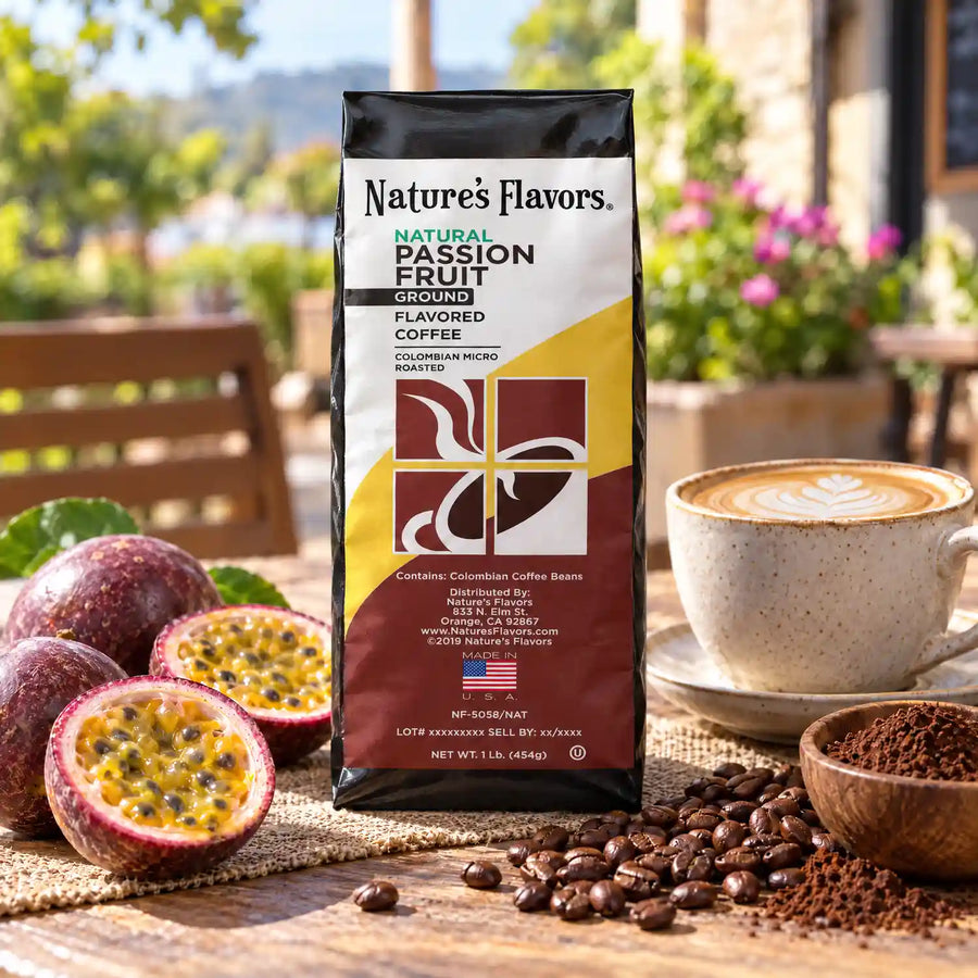 Nature’s Flavors Passion Fruit Flavored Coffee Beans, 1 lb. Ground, beside flavor cues, roasted coffee beans, grounds and a filled coffee drink in a bright lifestyle scene.