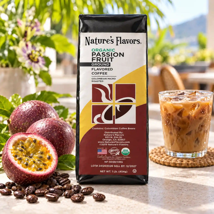 Nature's Flavors Organic Passion Fruit Flavored Coffee Beans, 1 lb. Ground, in a bright coffee lifestyle scene.
