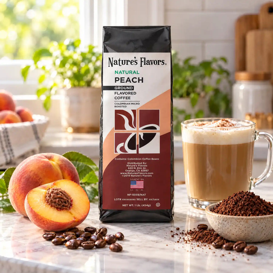 Nature’s Flavors Peach Flavored Coffee Beans, 1 lb. Ground, beside flavor cues, roasted coffee beans, grounds and a filled coffee drink in a bright lifestyle scene.