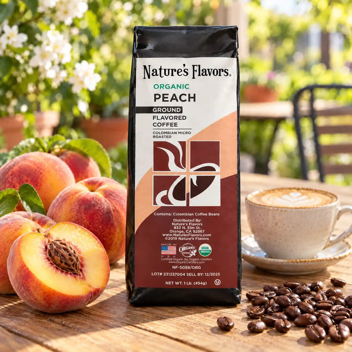 Nature's Flavors Organic Peach Flavored Coffee Beans, 1 lb. Ground, in a bright coffee lifestyle scene.