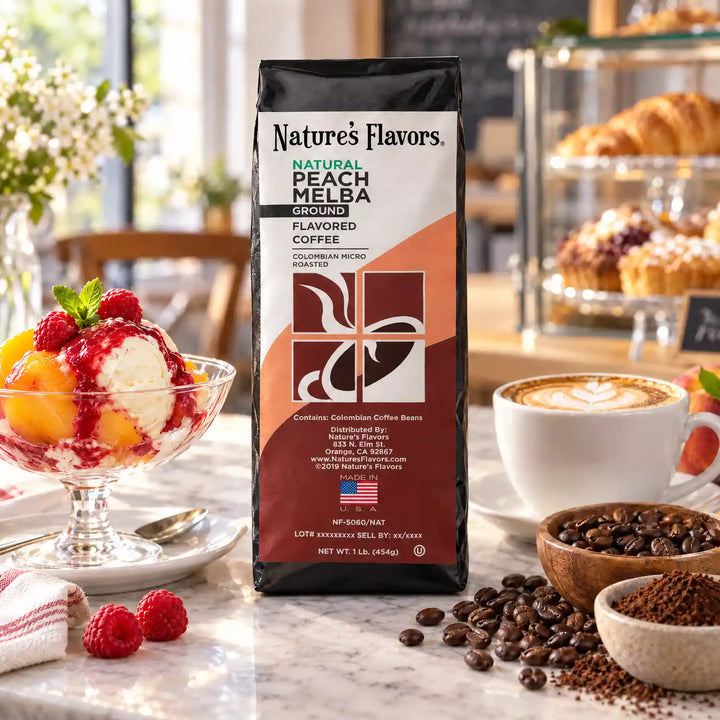 Nature’s Flavors Peach Melba Flavored Coffee Beans, 1 lb. Ground, beside flavor cues, roasted coffee beans, grounds and a filled coffee drink in a bright lifestyle scene.