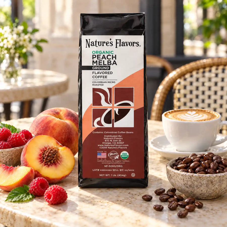 Nature's Flavors Organic Peach Melba Flavored Coffee Beans, 1 lb. Ground, in a bright coffee lifestyle scene.