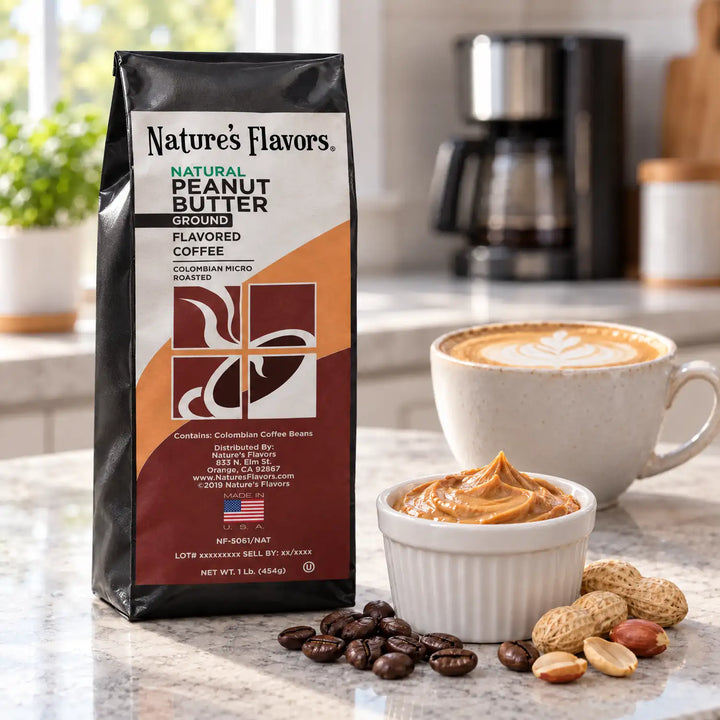 Nature’s Flavors Peanut Butter Flavored Coffee Beans, 1 lb. Ground, in a black labeled bag beside peanut butter and peanuts, whole roasted coffee beans and a filled coffee drink in a bright coffee scene.