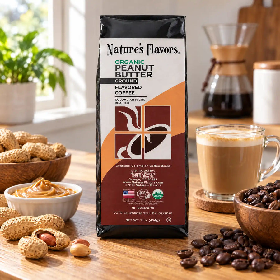 Nature's Flavors Organic Peanut Butter Flavored Coffee Beans, 1 lb. Ground, in a bright coffee lifestyle scene.