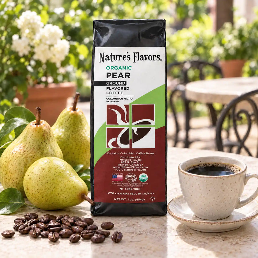 Nature's Flavors Organic Pear Flavored Coffee Beans, ground coffee package pictured in a bright cafe scene.