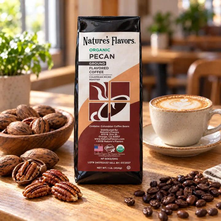 Nature's Flavors Organic Pecan Flavored Coffee Beans, 1 lb. Ground, in a bright coffee lifestyle scene.