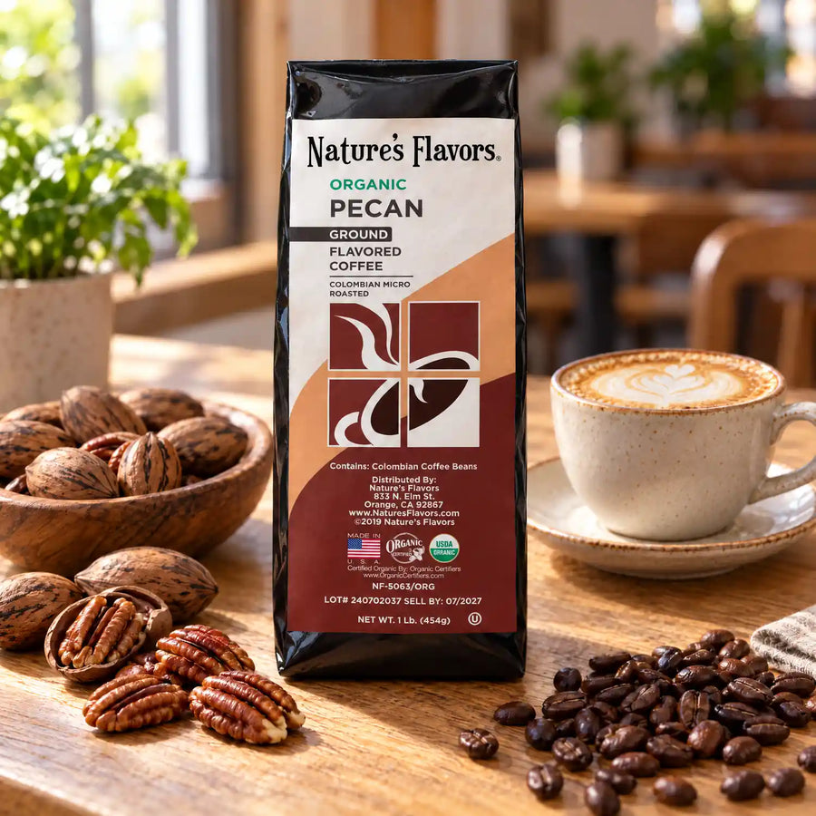 Nature's Flavors Organic Pecan Flavored Coffee Beans, 1 lb. Ground, in a bright coffee lifestyle scene.