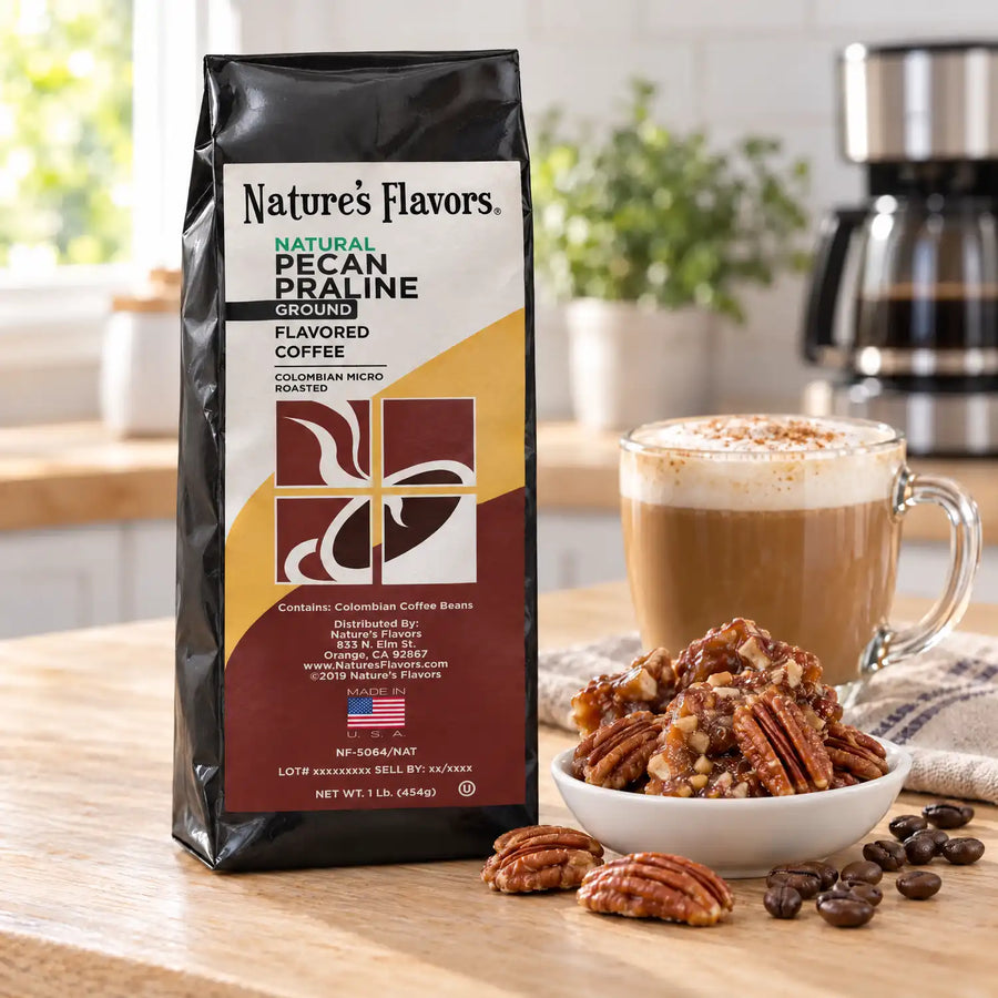 Nature’s Flavors Pecan Praline Flavored Coffee Beans, 1 lb. Ground, in a black labeled bag beside pecan pralines, whole roasted coffee beans and a filled coffee drink in a bright coffee scene.