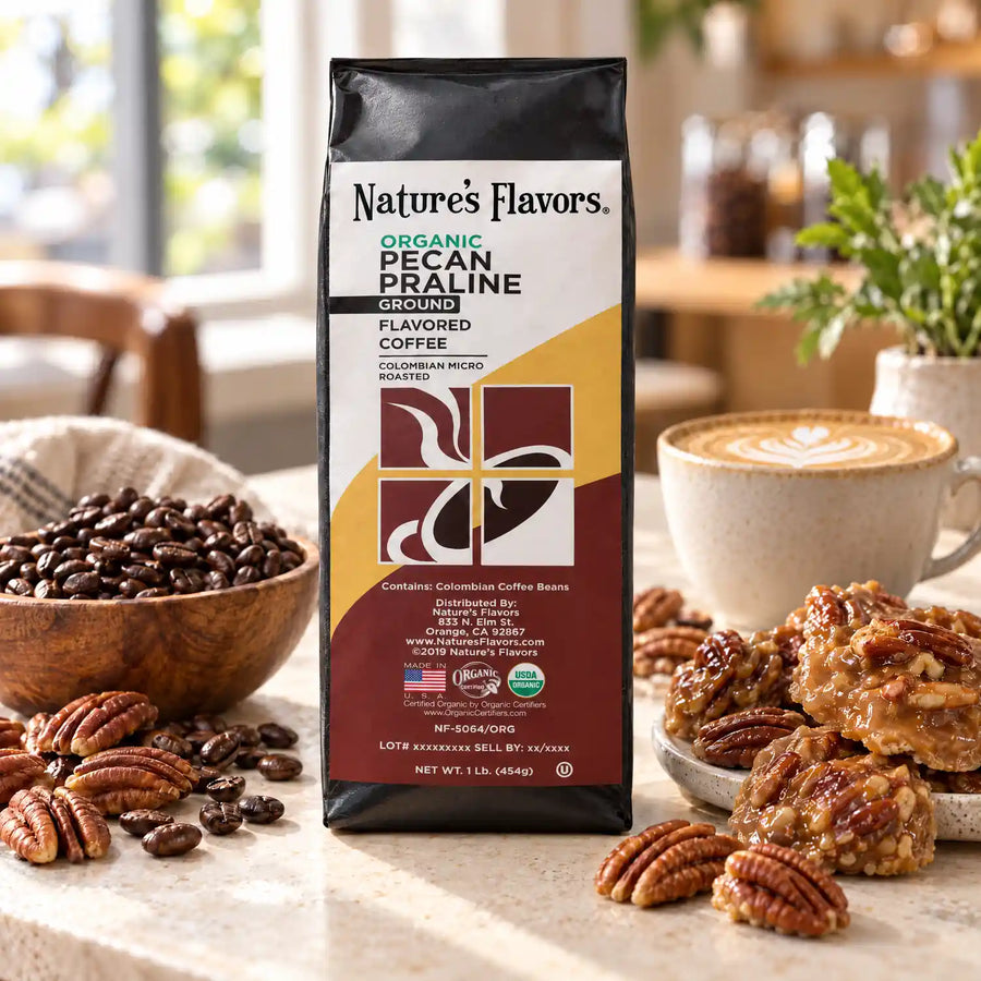 Nature's Flavors Organic Pecan Praline Flavored Coffee Beans, 1 lb. Ground, in a bright coffee lifestyle scene.