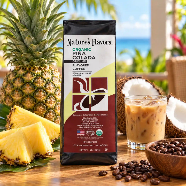 Nature's Flavors Organic Pina Colada Flavored Coffee Beans, 1 lb. Ground, in a bright coffee lifestyle scene.