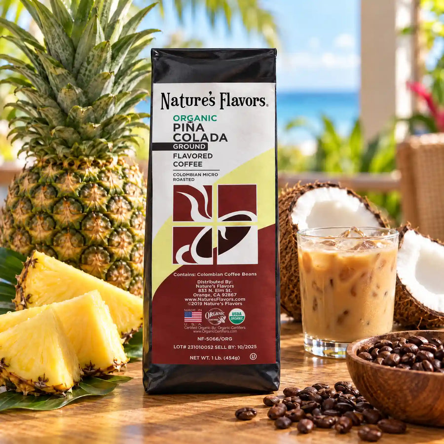 Nature's Flavors Organic Pina Colada Flavored Coffee Beans, 1 lb. Ground, in a bright coffee lifestyle scene.