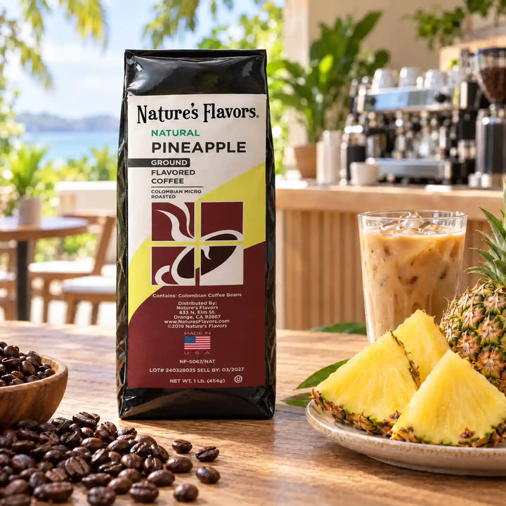 Nature’s Flavors Pineapple Flavored Coffee Beans, 1 lb. Ground, in a black labeled bag beside pineapple wedges, whole roasted coffee beans and a filled iced latte in a bright open-air tropical cafe.