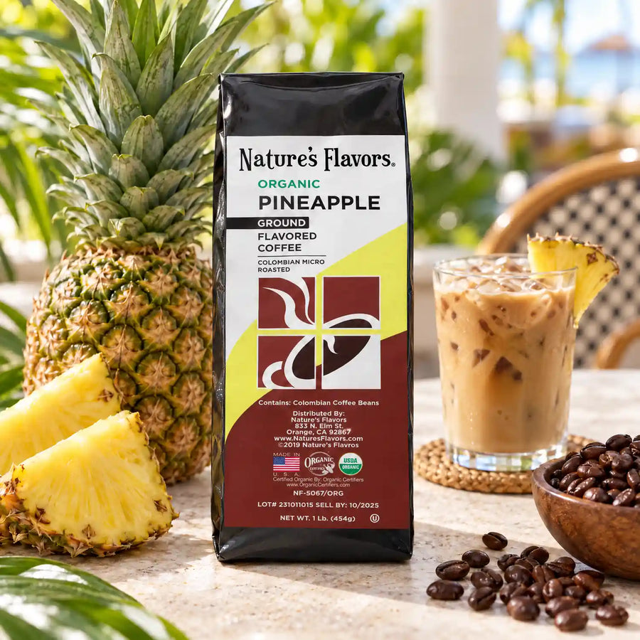 Nature's Flavors Organic Pineapple Flavored Coffee Beans, 1 lb. Ground, in a bright coffee lifestyle scene.