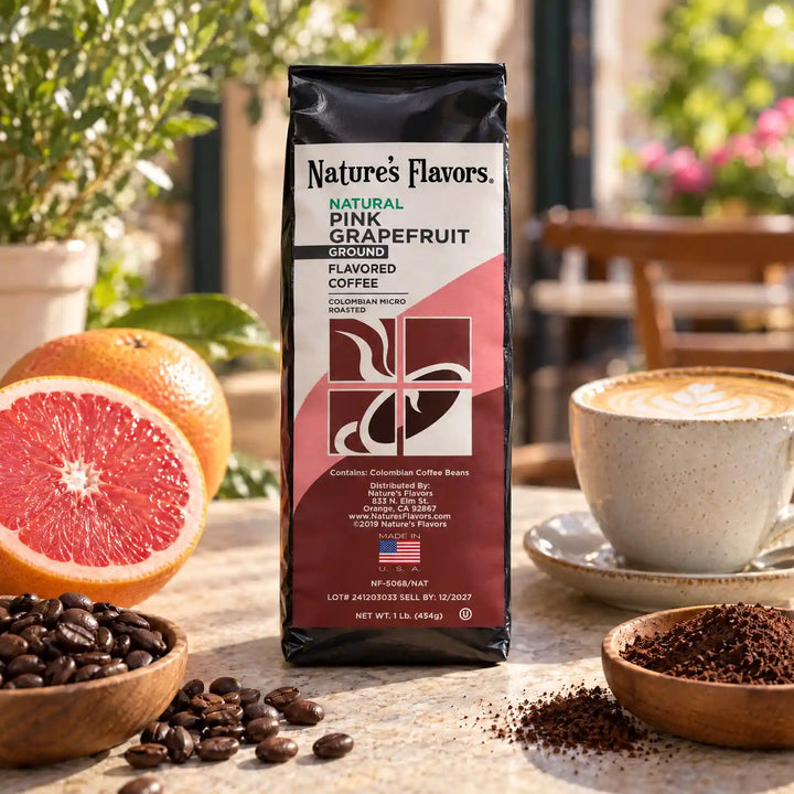 Nature’s Flavors Pink Grapefruit Flavored Coffee Beans, 1 lb. Ground, beside flavor cues, roasted coffee beans, grounds and a filled coffee drink in a bright lifestyle scene.