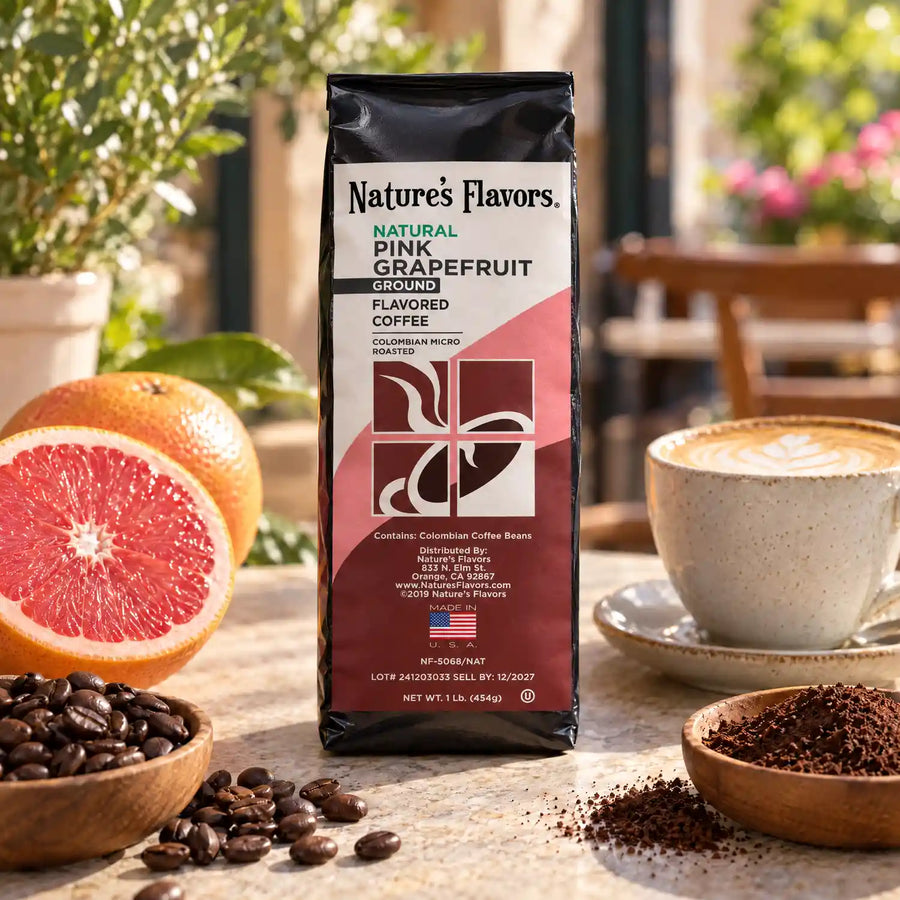 Nature’s Flavors Pink Grapefruit Flavored Coffee Beans, 1 lb. Ground, beside flavor cues, roasted coffee beans, grounds and a filled coffee drink in a bright lifestyle scene.