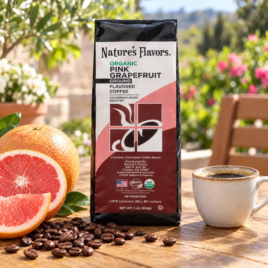Nature's Flavors Organic Pink Grapefruit Flavored Coffee Beans, 1 lb. Ground, in a bright coffee lifestyle scene.
