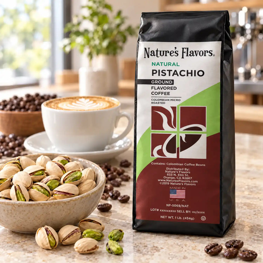 Nature’s Flavors Pistachio Flavored Coffee Beans, 1 lb. Ground, in a black labeled bag beside split-shell pistachios, whole roasted coffee beans and a filled coffee drink in a bright coffee scene.