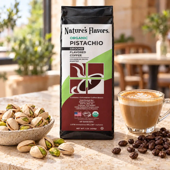 Nature's Flavors Organic Pistachio Flavored Coffee Beans, 1 lb. Ground, in a bright coffee lifestyle scene.