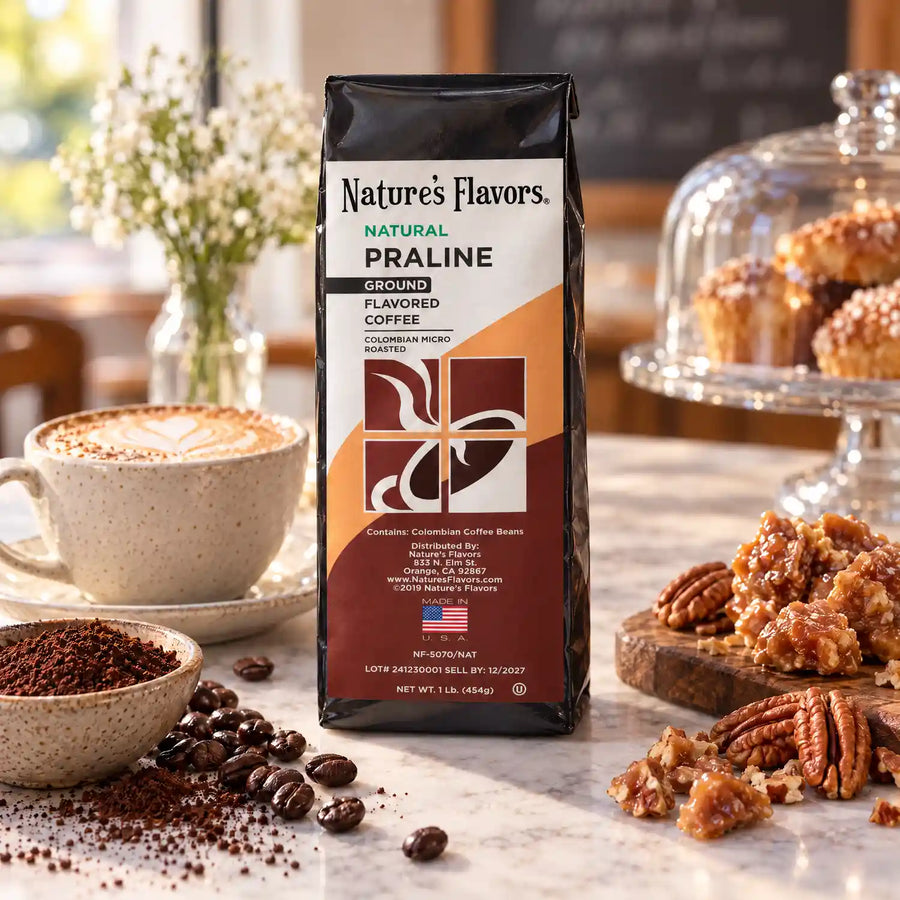Nature’s Flavors Praline Flavored Coffee Beans, 1 lb. Ground, beside flavor cues, roasted coffee beans, grounds and a filled coffee drink in a bright lifestyle scene.