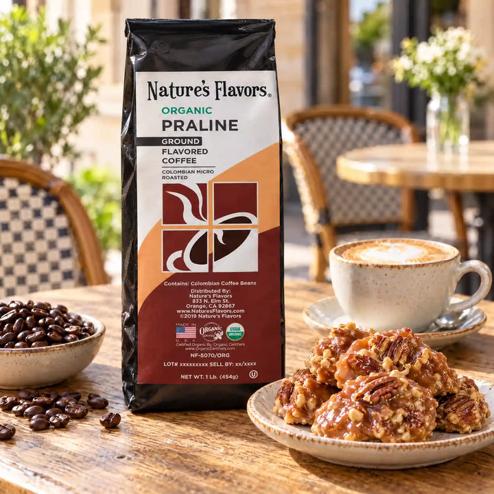 Nature's Flavors Organic Praline Flavored Coffee Beans, 1 lb. Ground, in a bright coffee lifestyle scene.