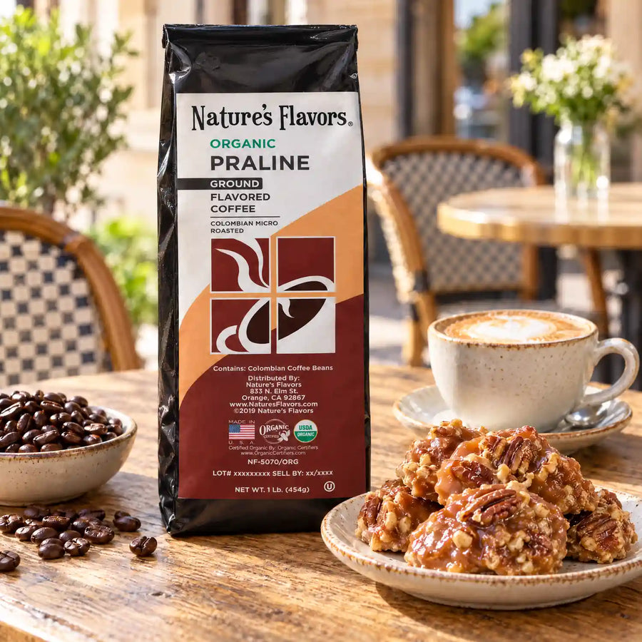 Nature's Flavors Organic Praline Flavored Coffee Beans, 1 lb. Ground, in a bright coffee lifestyle scene.