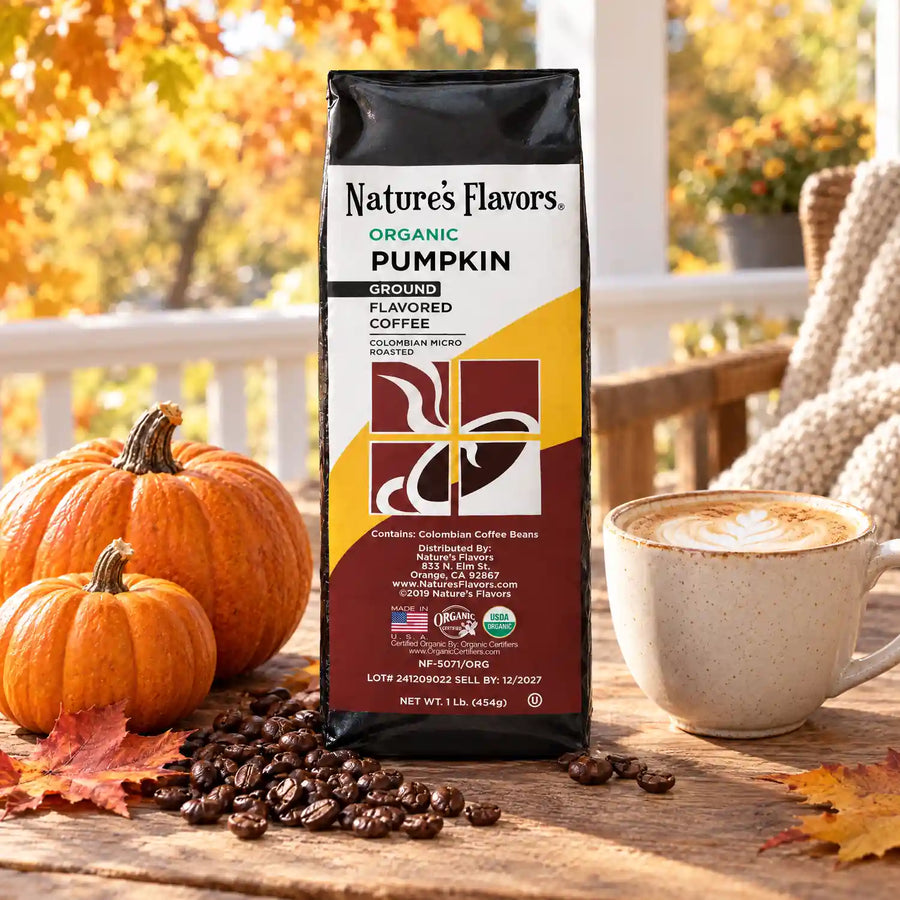 Nature's Flavors Organic Pumpkin Flavored Coffee Beans, ground coffee package pictured in an autumn porch scene.