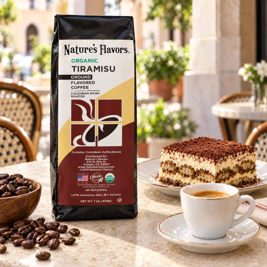 Nature's Flavors Organic Tiramisu Flavored Coffee Beans, 1 lb. Ground, in a bright coffee lifestyle scene.