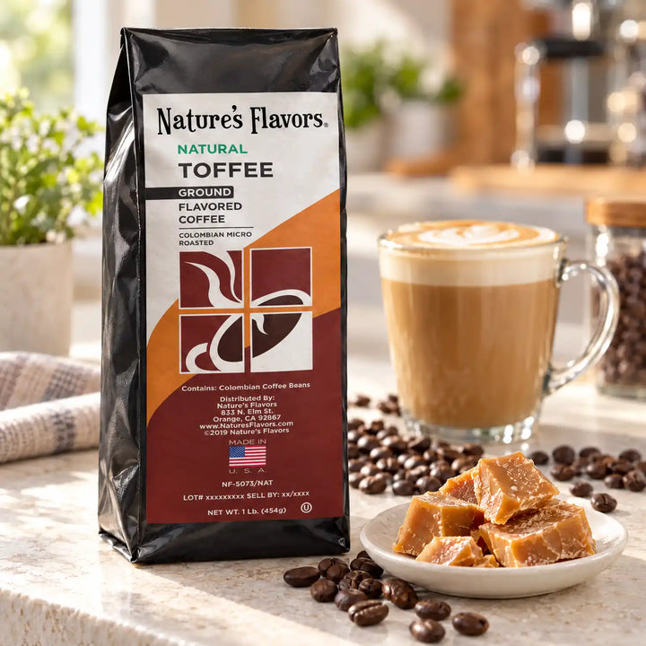 Nature’s Flavors Toffee Flavored Coffee Beans, 1 lb. Ground, in a black labeled bag beside toffee, whole roasted coffee beans and a filled coffee drink in a bright coffee scene.