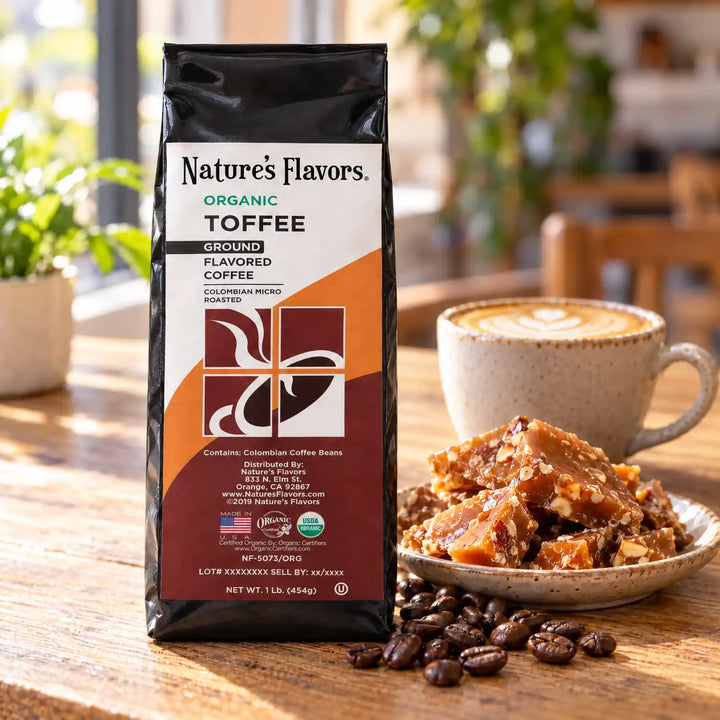 Nature's Flavors Organic Toffee Flavored Coffee Beans, 1 lb. Ground, in a bright coffee lifestyle scene.