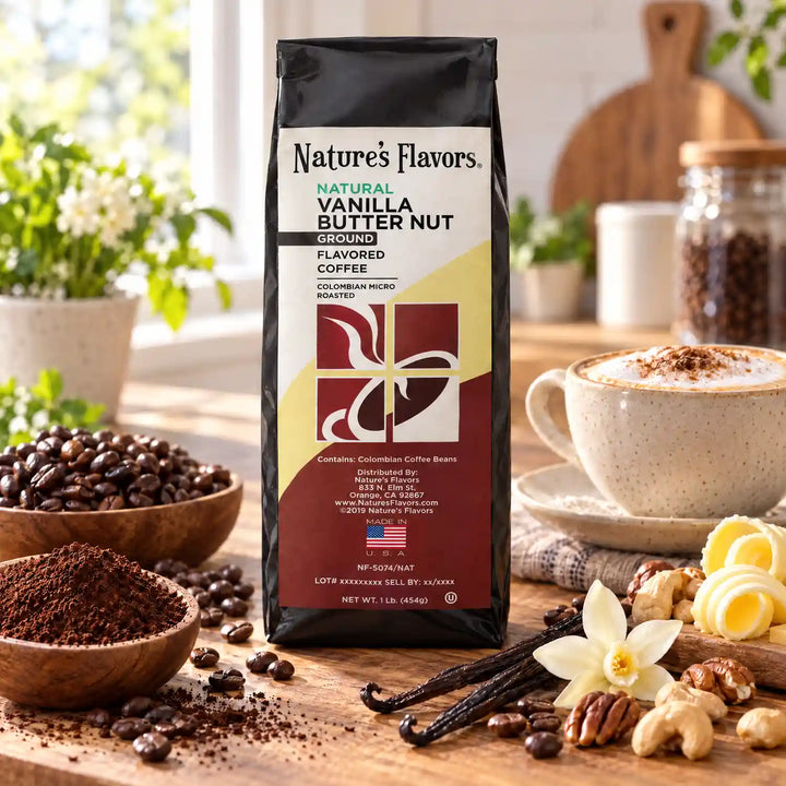 Nature’s Flavors Vanilla Butter Nut Flavored Coffee Beans, 1 lb. Ground, beside flavor cues, roasted coffee beans, grounds and a filled coffee drink in a bright lifestyle scene.