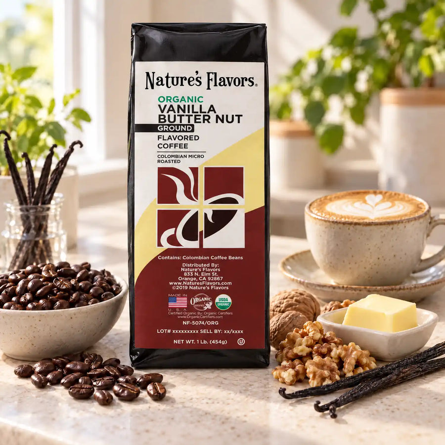 Nature's Flavors Organic Vanilla Butter Nut Flavored Coffee Beans, 1 lb. Ground, in a bright coffee lifestyle scene.