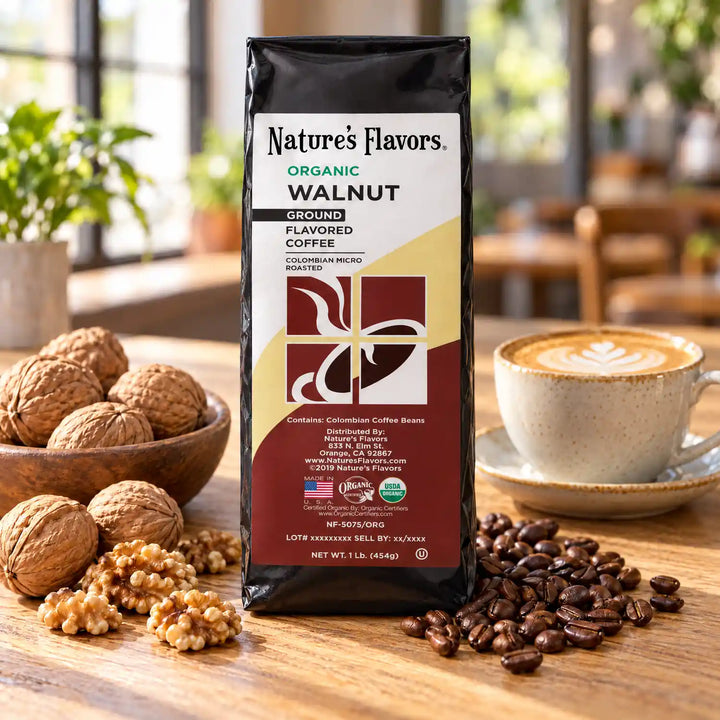 Nature's Flavors Organic Walnut Flavored Coffee Beans, 1 lb. Ground, in a bright coffee lifestyle scene.