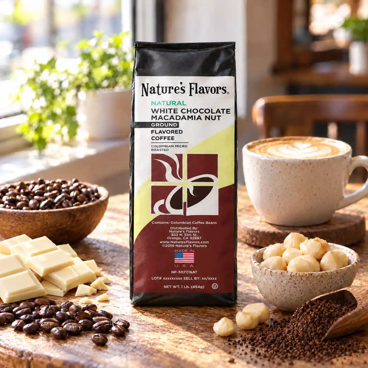 Nature’s Flavors White Chocolate Macadamia Nut Flavored Coffee Beans, 1 lb. Ground, beside smooth white chocolate bar segments, macadamia nuts, coffee beans, grounds and a latte in a bright café.