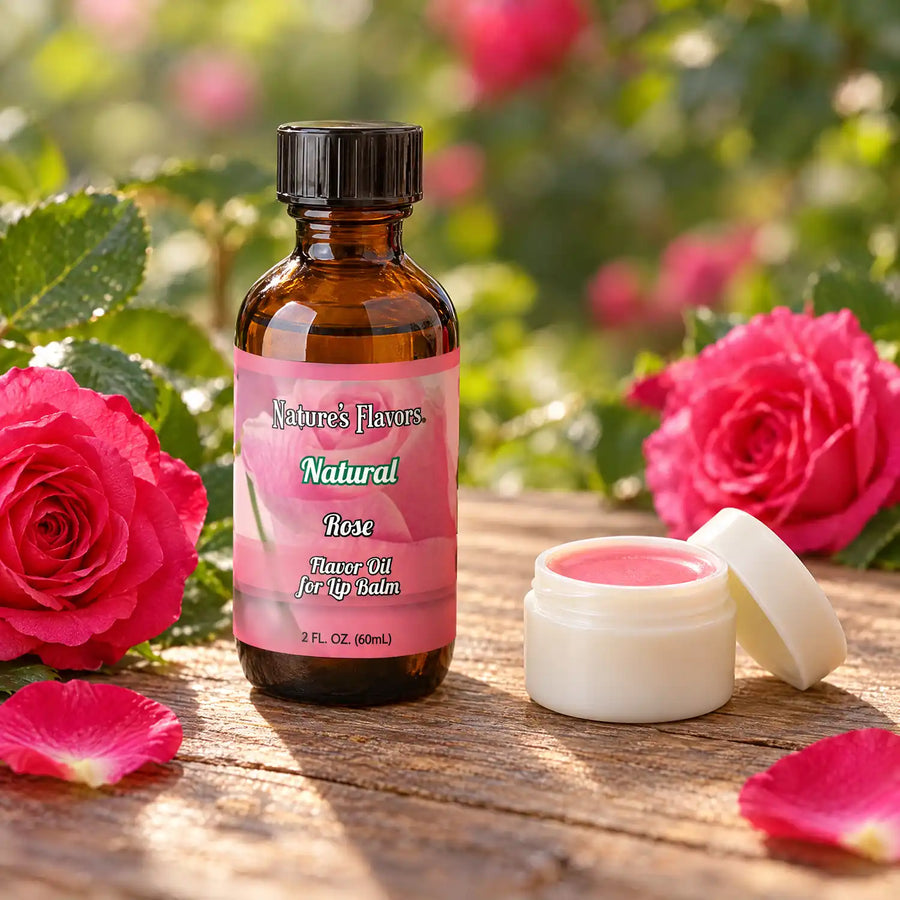 Nature's Flavors Rose Flavor Oil for Lip Balm, 2 oz amber bottle with flavor-matched ingredients and an open lip balm.