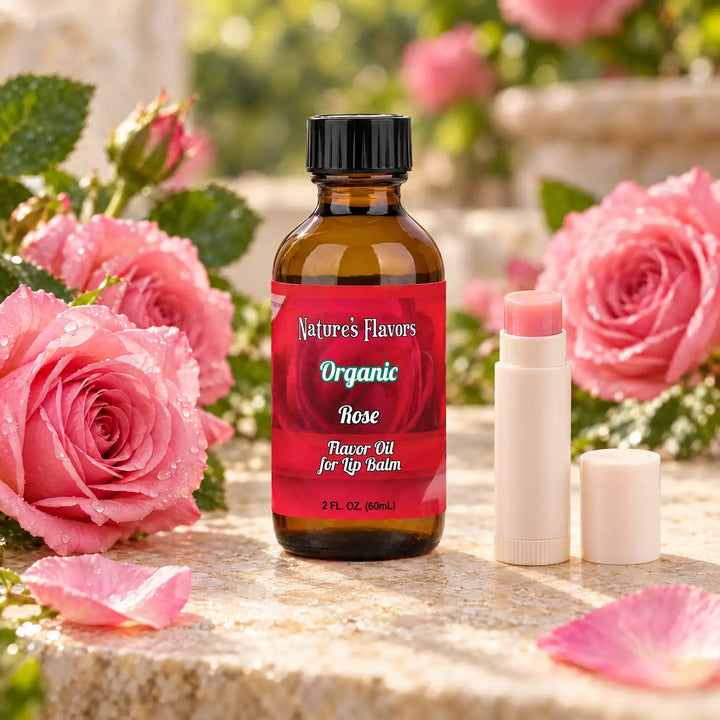 Nature's Flavors Organic Rose Flavor Oil for Lip Balm, 2 oz amber bottle with flavor-matched ingredients and an open lip balm.