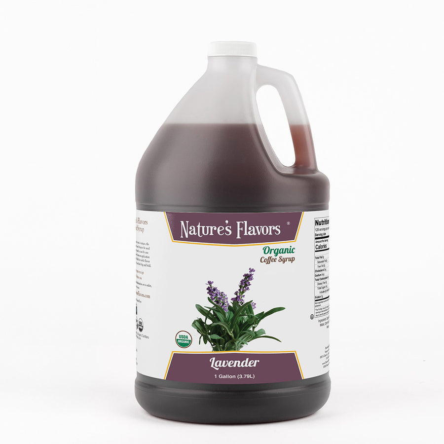Bottle of Nature's Flavors lavender syrup on a white background