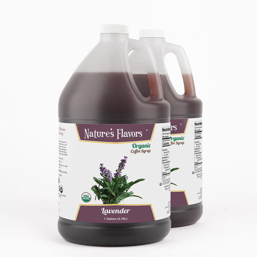 Bottle of Nature's Flavors lavender syrup on a white background
