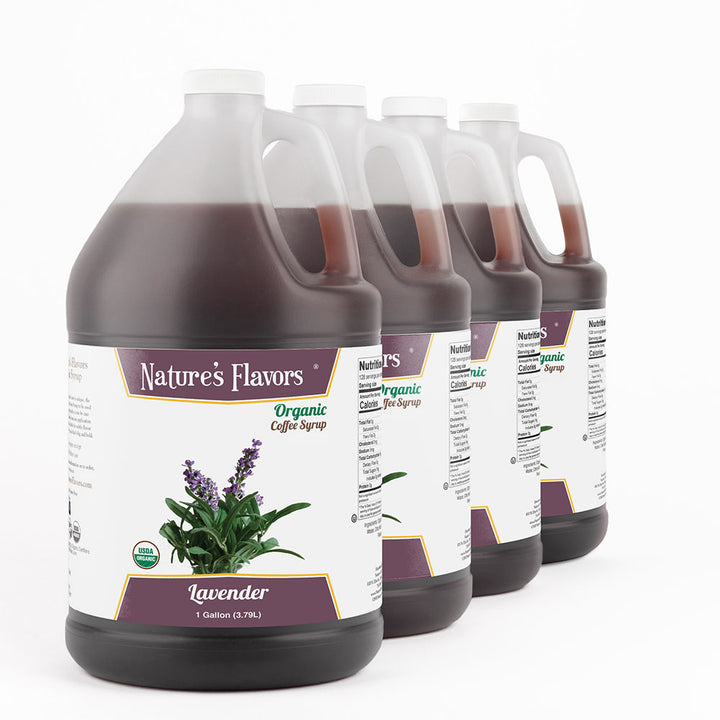 Bottle of Nature's Flavors lavender syrup on a white background