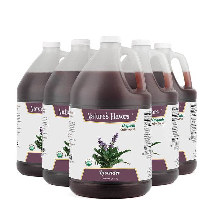 Bottle of Nature's Flavors lavender syrup on a white background