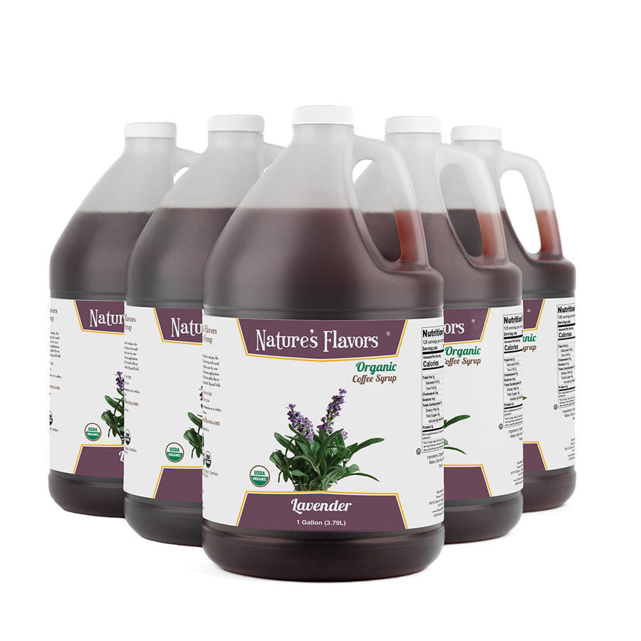 Bottle of Nature's Flavors lavender syrup on a white background